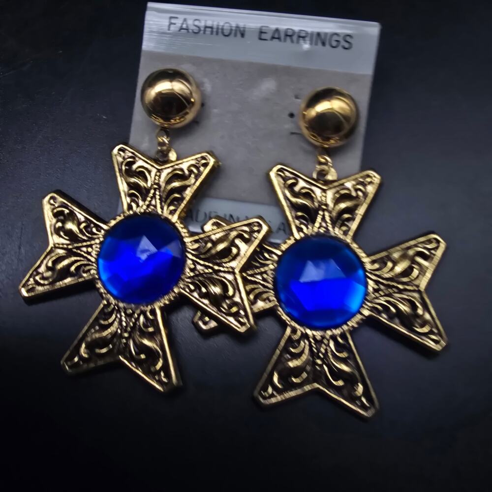 Blue Rhinestone Maltese Cross Earrings Gold Tone Vintage 1980s NOS